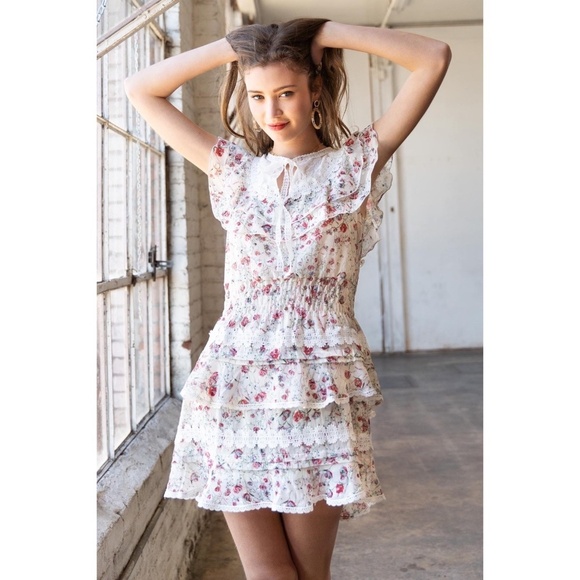 POL Dresses & Skirts - POL Cream & Pink Floral Ruffle Tiered Mini Dress with Bow